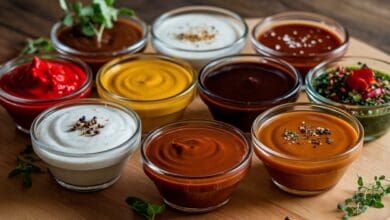 Zehn verschiedene BBQ-Sauce Varianten in Glasschalen auf Holzuntergrund angeordnet