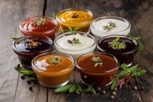 Zehn verschiedene BBQ-Sauce Varianten in Glasschalen auf Holzuntergrund angeordnet