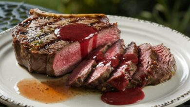 Aufgeschnittenes Rib-Eye-Steak medium-rare mit Himbeersauce