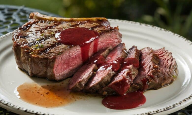 Aufgeschnittenes Rib-Eye-Steak medium-rare mit Himbeersauce