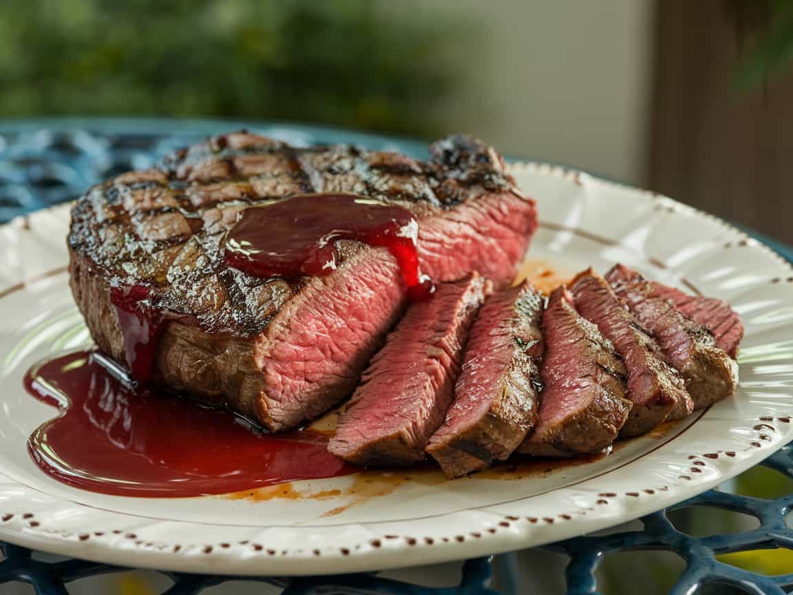 Aufgeschnittenes Rib-Eye-Steak medium-rare mit Himbeersauce