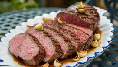 Perfekt gegrilltes Rinderfilet mit goldener Sojabutter-Glasur und geröstetem Knoblauch auf einem eleganten Teller serviert