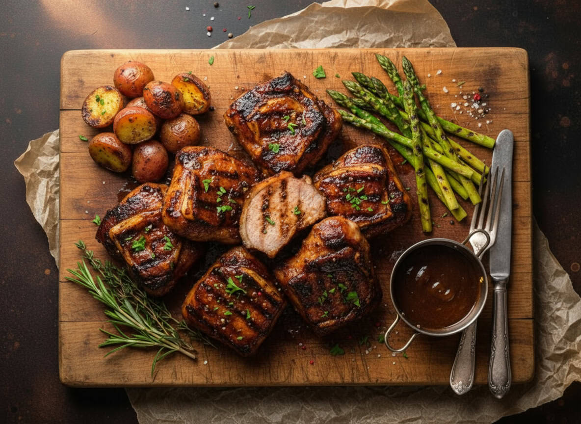 Gegrillte Schweinebäckchen auf Holzbrett mit Spargel, Kartoffeln und Sauce