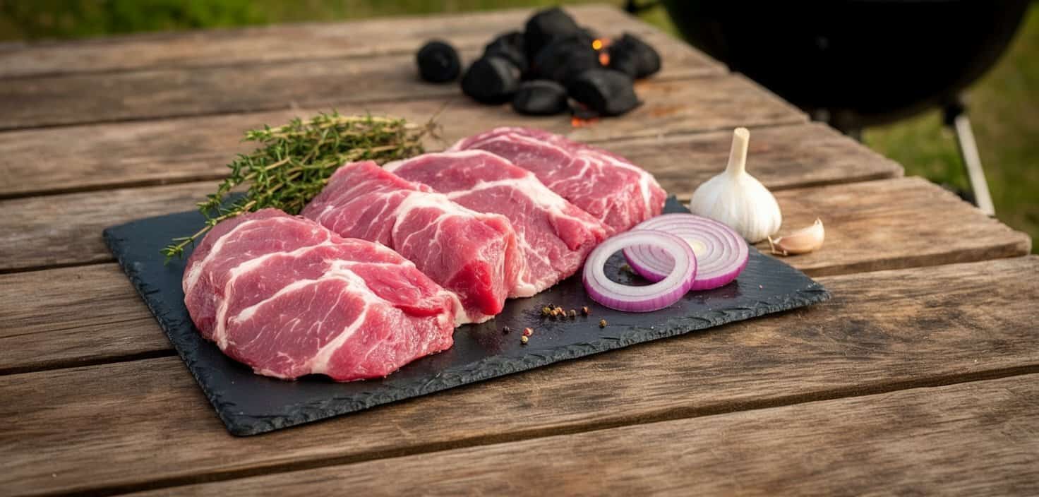 Rohe Schweinebäckchen auf Schieferplatte mit Thymian, Zwiebeln und Knoblauch