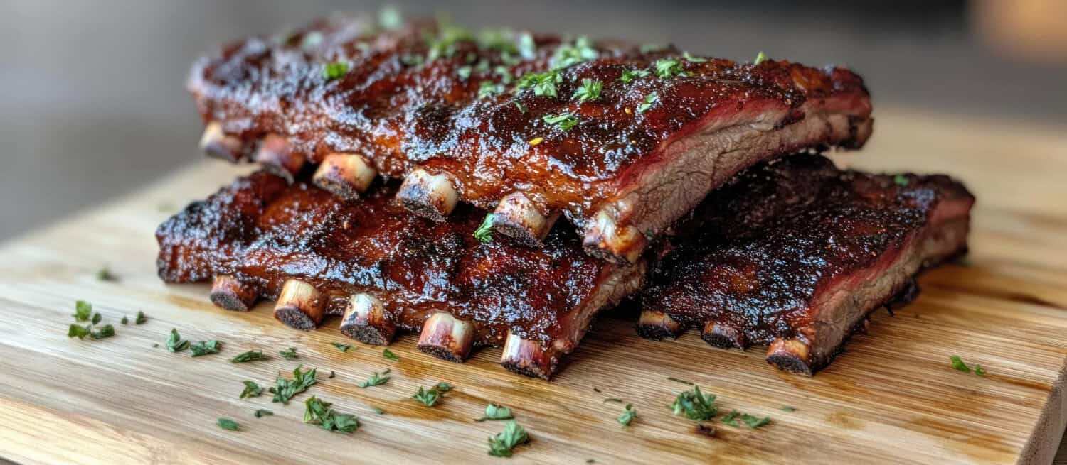 Glasierte fertig gegrillte Spareribs mit Kräutern gestapelt auf Holzbrett