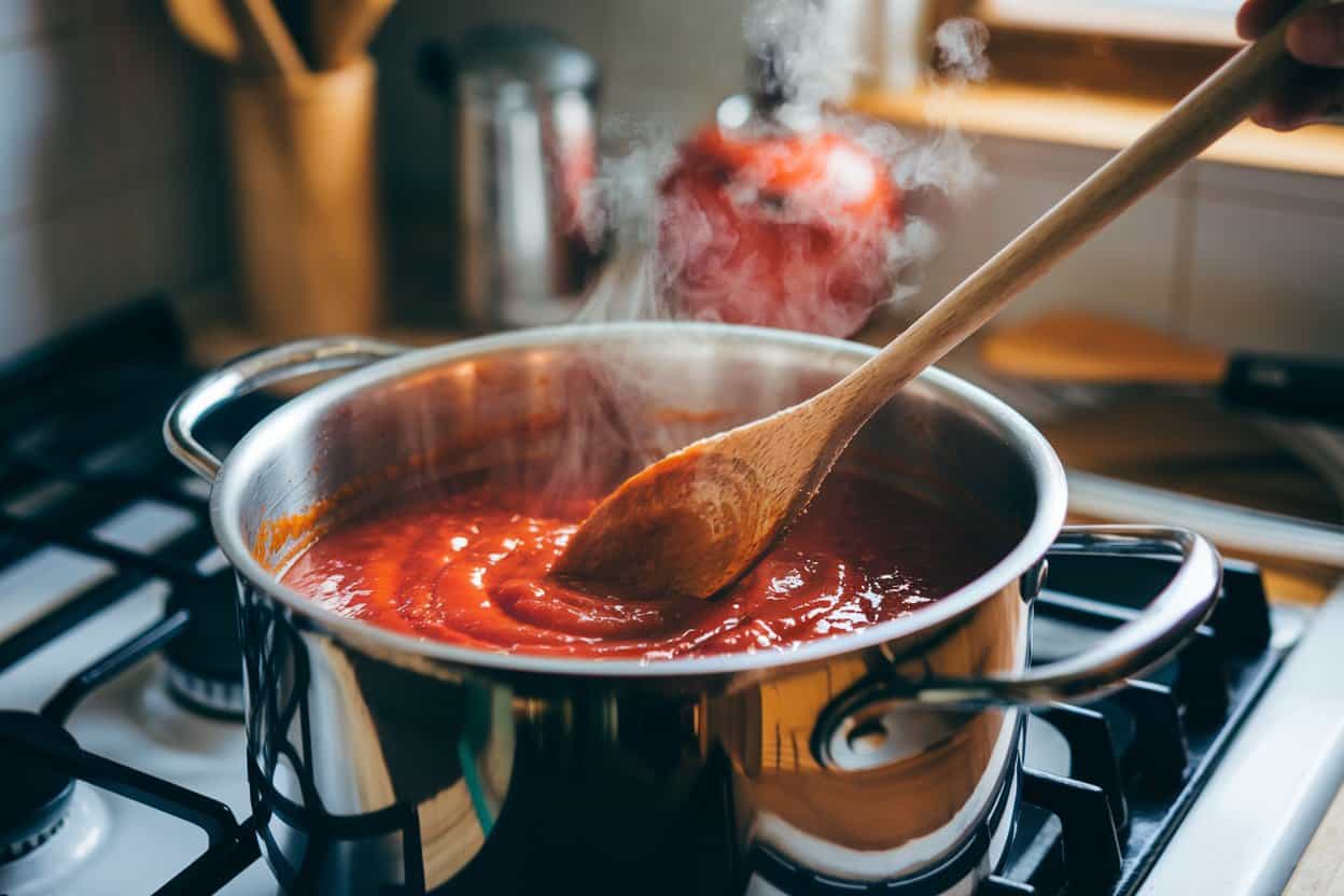 Dampfender Ketchup wird mit Holzlöffel in Edelstahltopf auf Herd gerührt