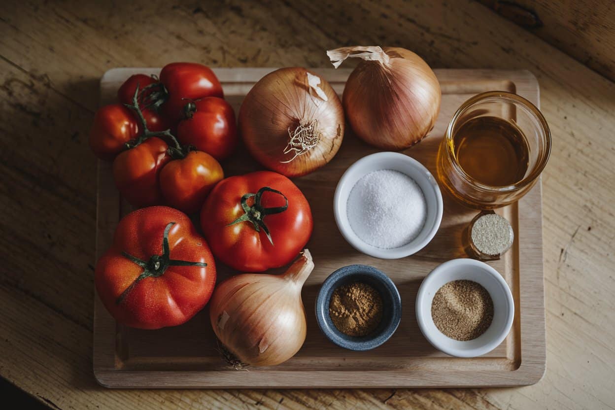 Arrangierte Zutaten für Ketchup auf Schneidebrett: Tomaten, Zwiebeln, Gewürze