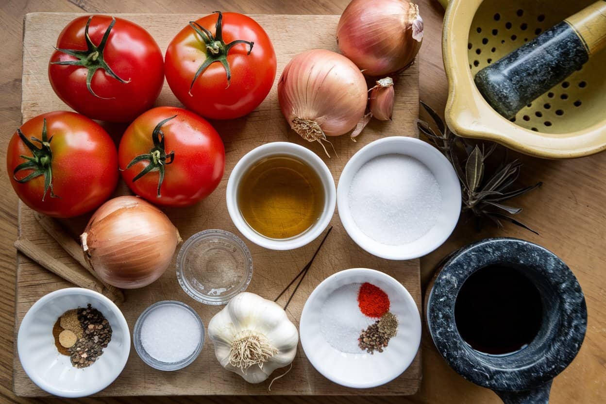 Ketchup-Zutaten: Tomaten, Zwiebeln, Gewürze, Salz, Öl und Mörser auf Holzbrett