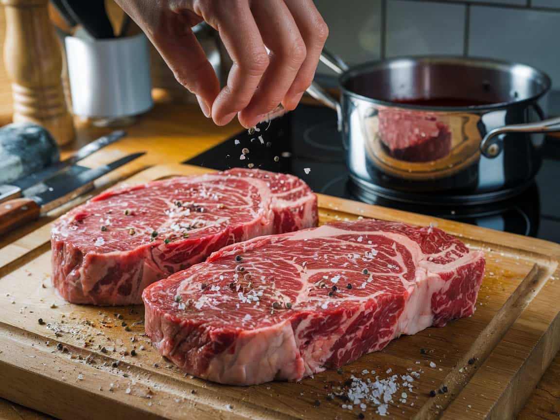 Rohe Rib-Eye-Steaks werden mit Salz und Pfeffer gewürzt