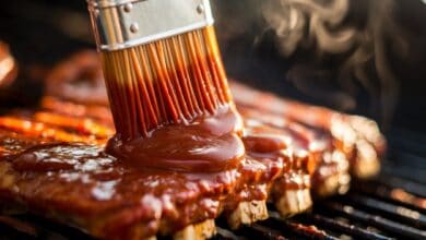 BBQ-Sauce wird mit Pinsel auf gegrillte Ribs aufgetragen, Dampf steigt auf