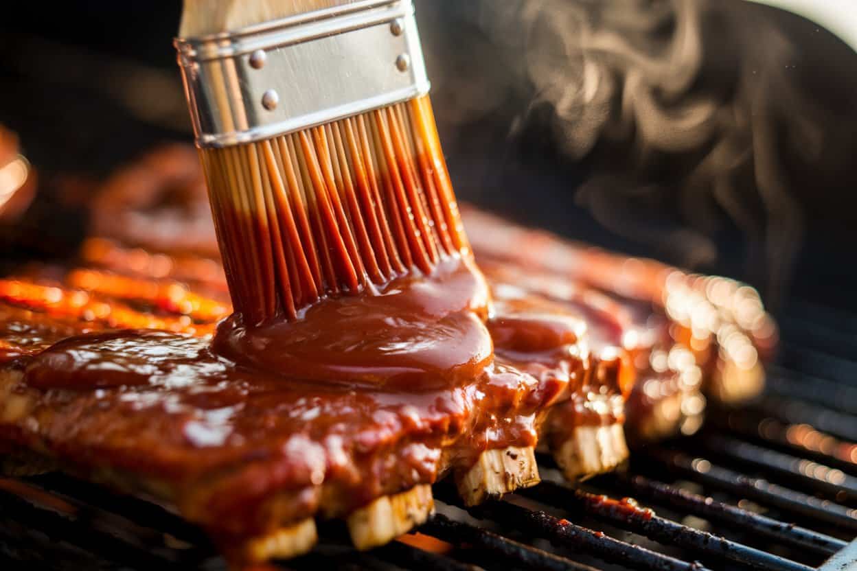 BBQ-Sauce wird mit Pinsel auf gegrillte Ribs aufgetragen, Dampf steigt auf