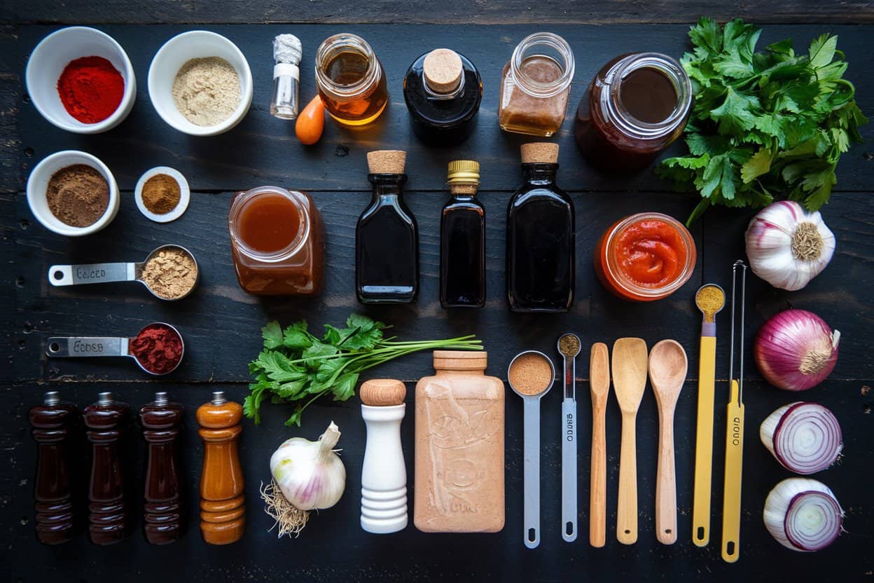 Overhead-Aufnahme von BBQ-Sauce Zutaten auf dunklem Holzuntergrund arrangiert