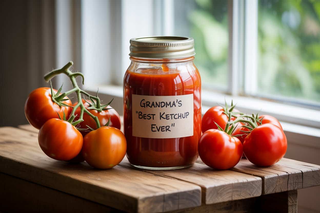 Glas mit selbstgemachtem Ketchup und Etikett neben frischen Tomaten auf Holzbrett