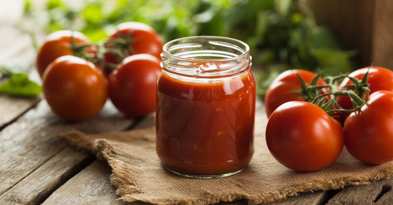 Einmachglas mit rotem Ketchup umgeben von frischen Tomaten auf Jutestoff
