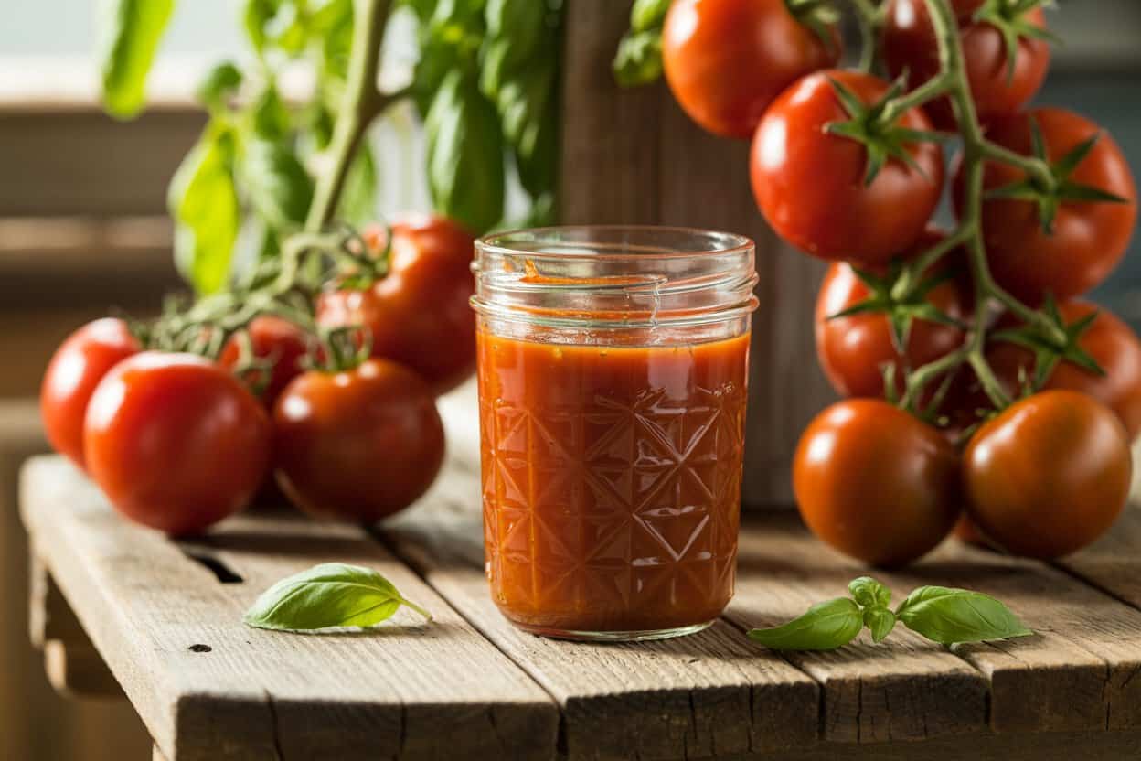 Strukturglas mit Ketchup, frische Tomaten am Strauch und Basilikumblätter