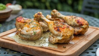 Perfekt gegrillte Hähnchenschenkel mit goldbrauner Knoblauch-Parmesan-Glasur
