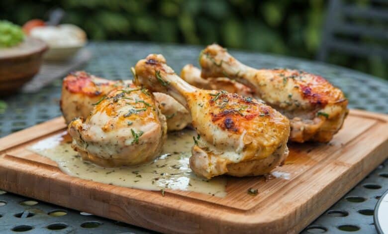 Perfekt gegrillte Hähnchenschenkel mit goldbrauner Knoblauch-Parmesan-Glasur