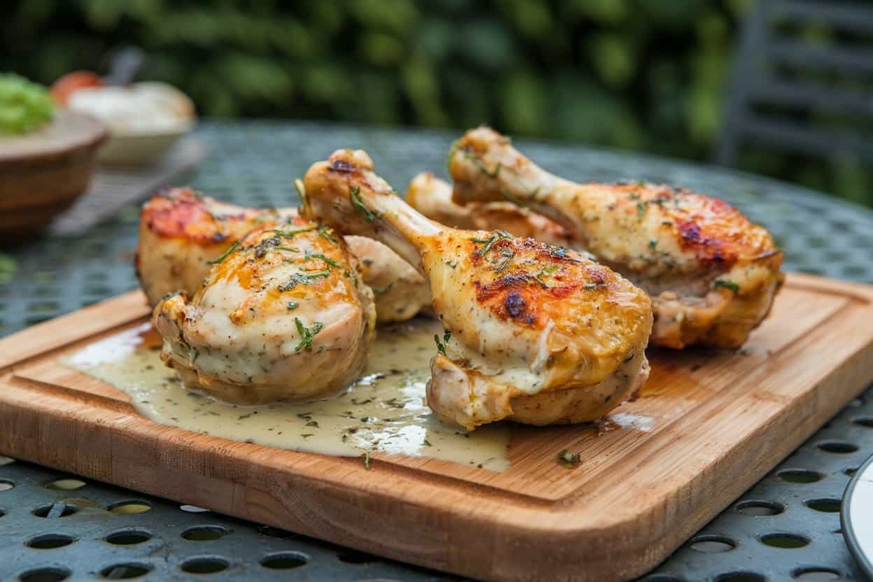 Perfekt gegrillte Hähnchenschenkel mit goldbrauner Knoblauch-Parmesan-Glasur