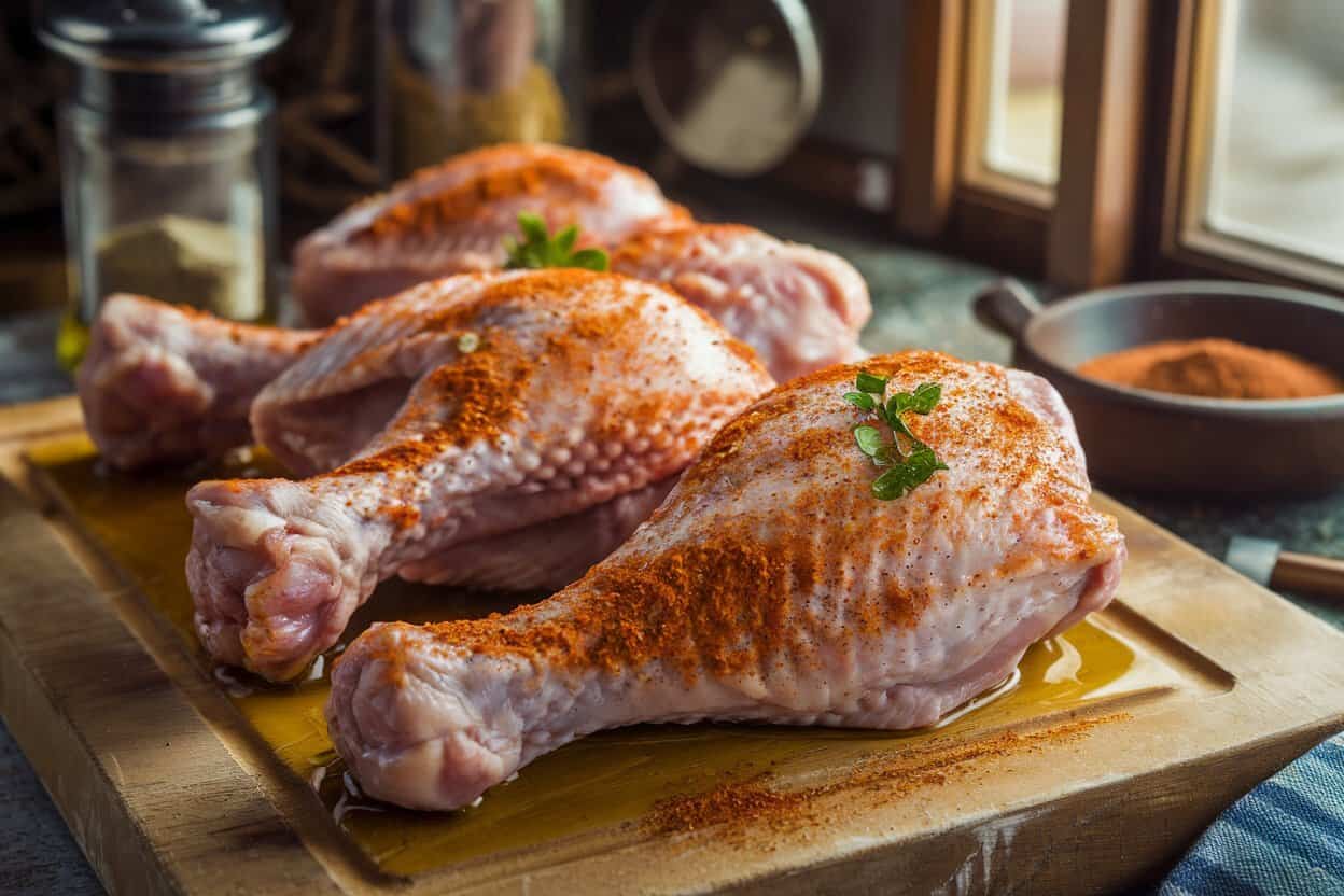 Hähnchenschenkel werden mit Olivenöl eingerieben und mit Gewürzmischung aus Salz, Knoblauchpulver und Pfeffer gewürzt