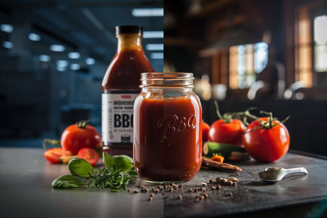 Vergleich zwischen industrieller BBQ-Sauce in Plastikflasche und hausgemachter BBQ-Sauce im Glas