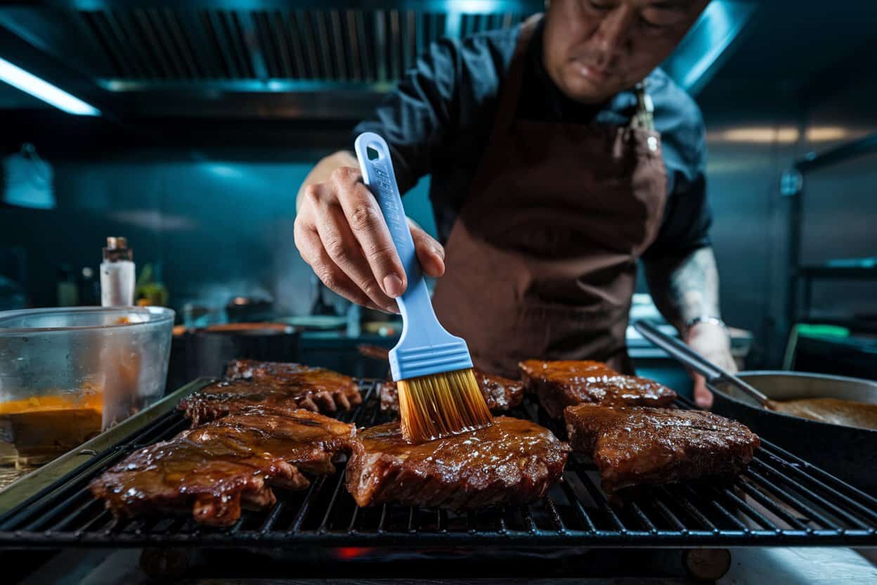 Grillmeister trägt Korean BBQ-Sauce auf Short Ribs auf, Flammen im Hintergrund