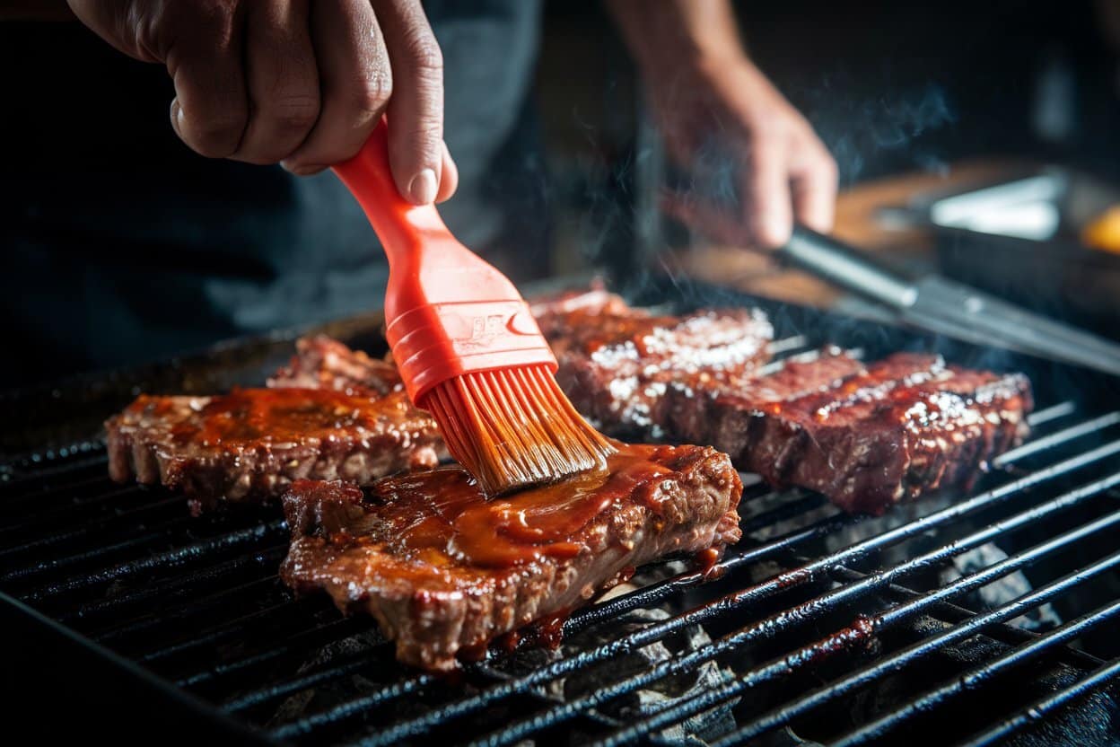 Grillmeister trägt Korean BBQ-Sauce auf Short Ribs auf, Flammen im Hintergrund